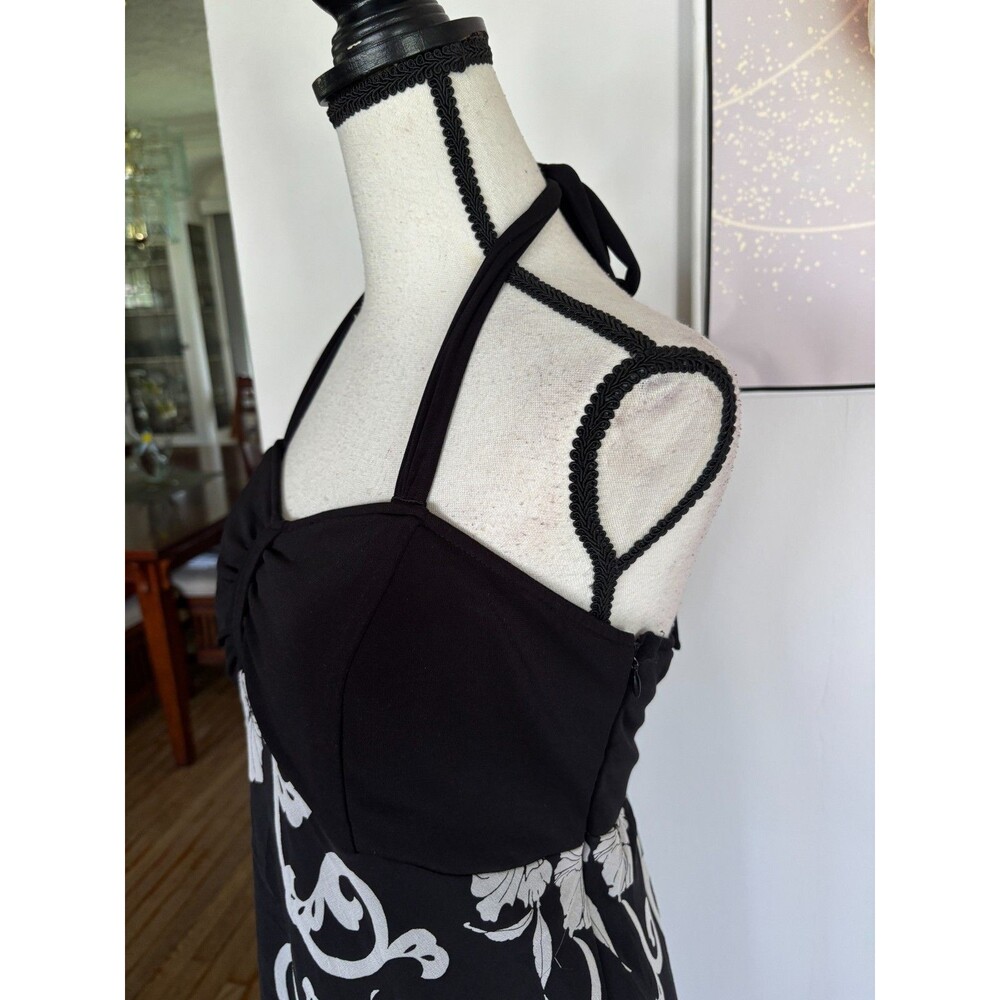 White House Black Market Silk Halter Dress Sz 14 Black White Floral Paisley - Picture 4 of 6